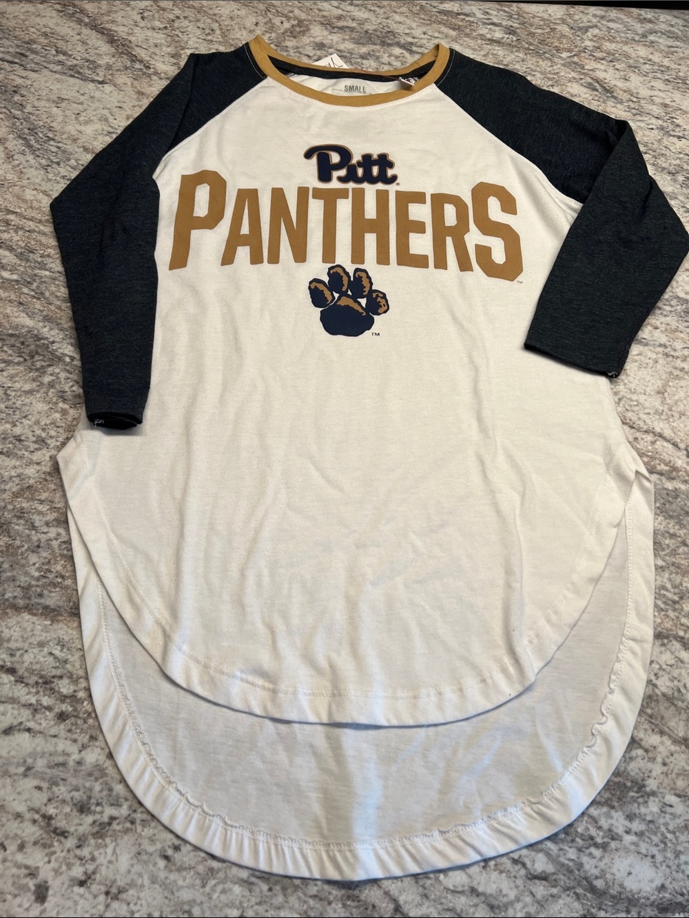 Press box by Royal Apparel Pitt Panthers Raglan Tee White & Navy with Gold Logo